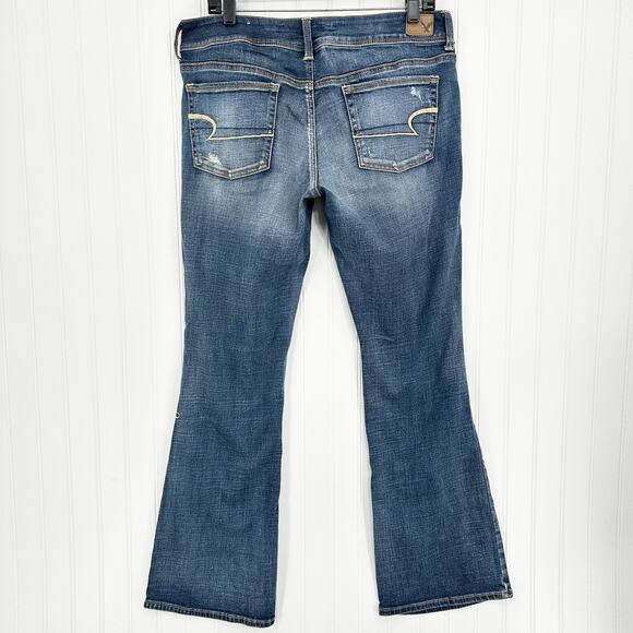 American Eagle Jeans Womens 12 Kick Boot Blue Denim Distress Grunge Western EUC - Picture 2 of 13